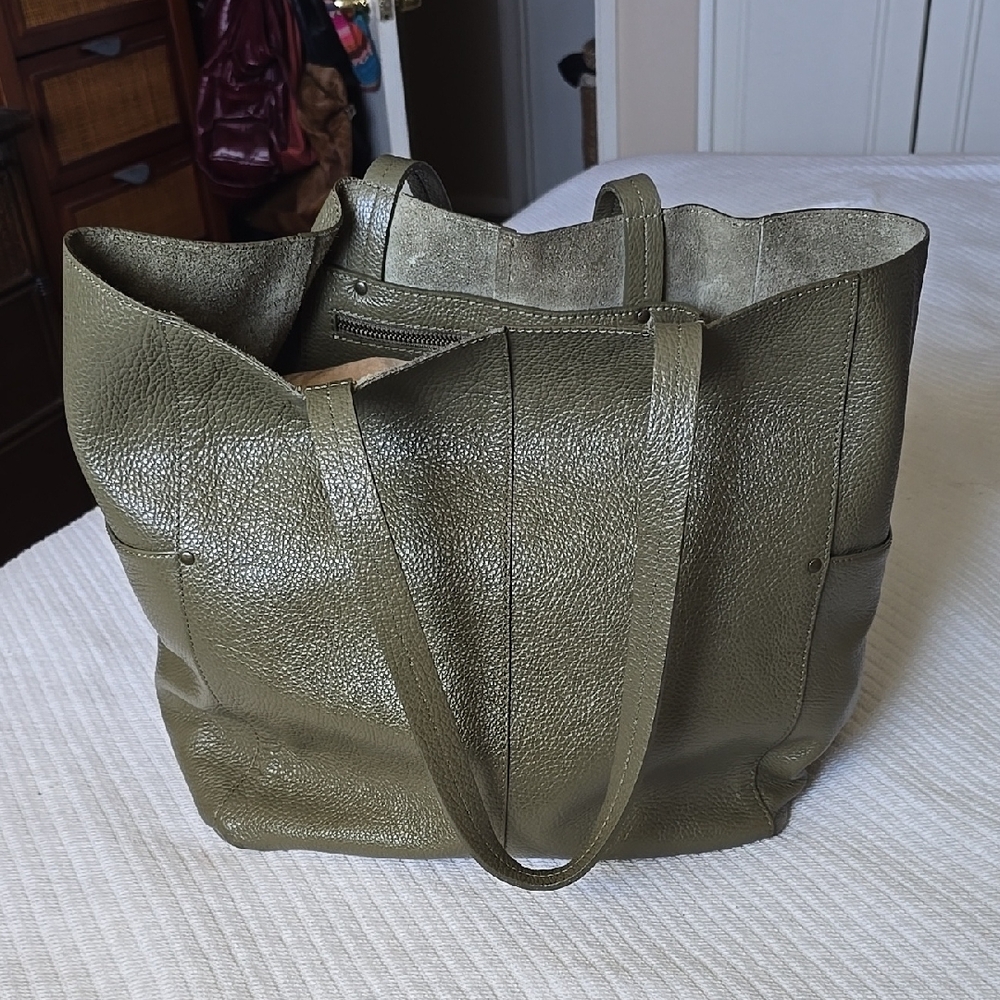Olive Green Leather Tote Bag